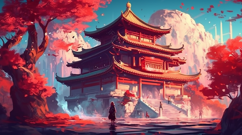 日式动漫楼阁中国风建筑插画背景,插画/手绘图,插画/手绘图库,插画/手绘图下载,插画/手绘